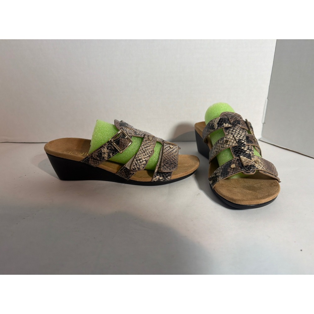 Vionic Snake Print Wedge Sandals Brown Multi Strap Slide Shoes Womens Size 6